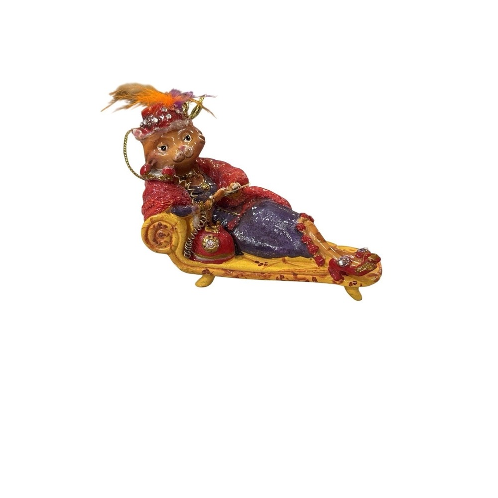 Trinket Orange Lounging Cat on Sofa talking on Telephone Christmas Ornament